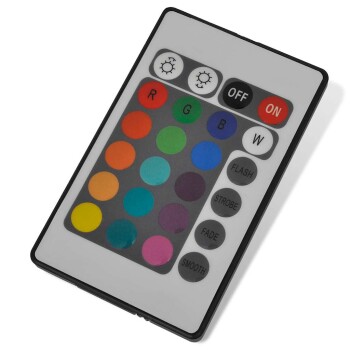 Fernbedienung mit Farbknöpfen und Modi für Lichteffekte, mit "AN"- und "AUS"-Tasten sowie beschrifteten Funktionen wie "BLITZEN" und "VERBLASSEN".