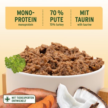 Nassfutter für Haustiere in einer weißen Schüssel, mit einer Mischung aus 70% Truthahn, garniert mit Petersilie, umgeben von Süßkartoffeln und Kokosnuss.