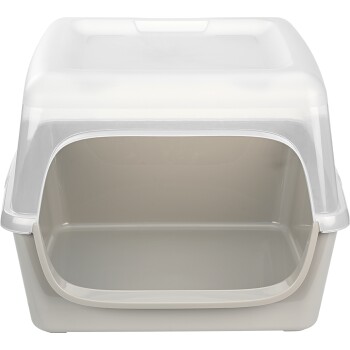 Eine saubere, beige Katzenstreu-Box mit einem transparenten Deckel, mit einer offenen Vorderseite für einfachen Zugang.