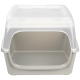 Eine saubere, beige Katzenstreu-Box mit einem transparenten Deckel, mit einer offenen Vorderseite für einfachen Zugang.