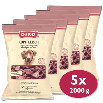 Fünf Tüten DIBO Kopffleisch, ein ausgewogenes und gesundes Hundefutter, jede mit 2000 g gemischtem Kopf-Fleisch, mit Nährwertangaben.