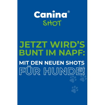 Blaues Poster mit Canina SHOT-Logo, grün-weißem deutschen Text „JETZT WIRD'S BUNT IM NAPF: MIT DEN NEUEN SHOTS FÜR HUNDE!“ und Pfotenabdrücken.