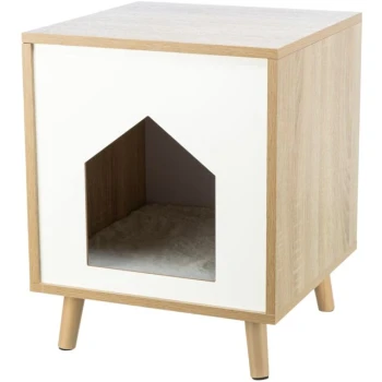 Höhle Isa Modernes Haustierhaus mit einer weißen Vorderseite und natürlichem Holzfinish, mit einem gemütlichen Eingang in Form eines Hauses.