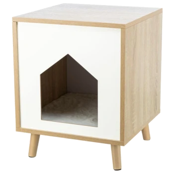 Modernes Haustierhaus mit einer weißen Vorderseite und natürlichem Holzfinish, mit einem gemütlichen Eingang in Form eines Hauses.