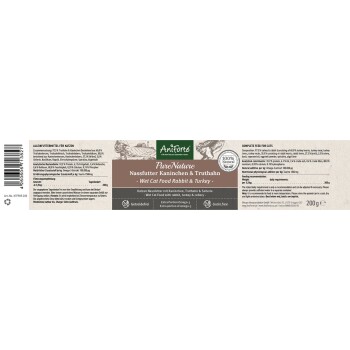 Verpackung für Nassfutter für Katzen der Marke Aniforte PureNature, beschriftet mit "Kaninchen & Truthahn", mit Zutaten und Nährwertinformationen.