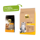 Zwei Beutel Select Gold Katzenfutter: einer für "Indoor Adult" mit einer orangefarbenen Katze, der andere mit einer grauen Katze und "Neues DESIGN, gleiche QUALITÄT."