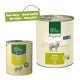 Two cans of Real Nature dog food, one large and one small, lamb flavor with potatoes and carrots. "New design - same quality!" text.