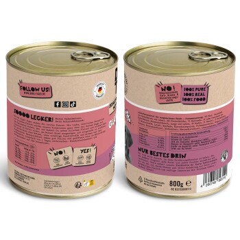 Verpackung von Dosen-Hundefutter mit einem pinken und braunen Design, mit dem Text "100% Pure, 100% Real, 100% Food" und "Soooo Lecker!"