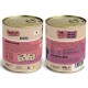 Verpackung von Dosen-Hundefutter mit einem pinken und braunen Design, mit dem Text "100% Pure, 100% Real, 100% Food" und "Soooo Lecker!"