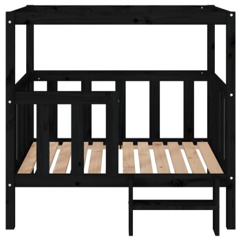 Schwarzes Holzhaustierbett mit einer erhöhten Plattform und slatted Basis, mit einer kleinen Stufe für einfachen Zugang.