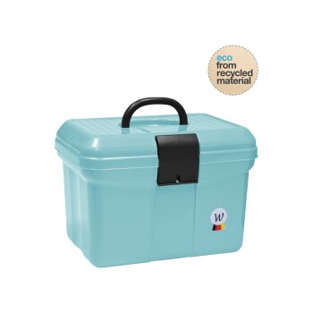 Eine hellblaue Aufbewahrungsbox mit einem schwarzen Griff, die ein "W"-Logo, die belgische Flagge und das Zeichen für umweltfreundlich aus recycelten Materialien trägt.