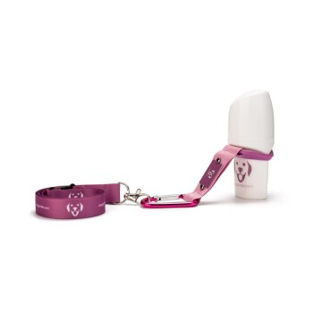 Ein brauner Hund ruht seinen Kopf auf einer Holzoberfläche neben einer Flasche mit der Aufschrift "Trinkpause" und einer tragbaren Wasserschüssel mit einem Hundelogo.