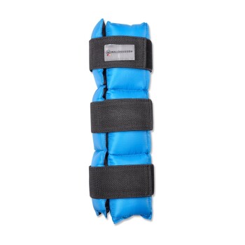 Blau gepolsterter Pferdebeinschutz mit drei schwarzen Klettverschlüssen, mit einem Waldhausen-Logo.