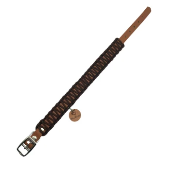 Braunes geflochtenes Hundehalsband mit einer silbernen Schnalle und einem Holzschild, auf dem "WILDFANG" steht.