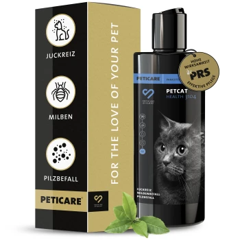 Schwarze Flasche von Peticare Petcat Health 3104, mit einem Blatt und einem Siegel, das hohe Wirksamkeit anzeigt, mit Text zu Inhaltsstoffen und Vorteilen.