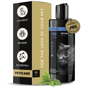 Schwarze Flasche von Peticare Petcat Health 3104, mit einem Blatt und einem Siegel, das hohe Wirksamkeit anzeigt, mit Text zu Inhaltsstoffen und Vorteilen.
