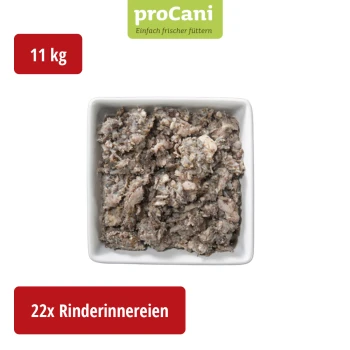 ProCani Hundefutterpaket mit grünem Pansen, mit einer malerischen Kulisse und dem Text "Blättermagen / Pansen grün." 22x Portionen angegeben.