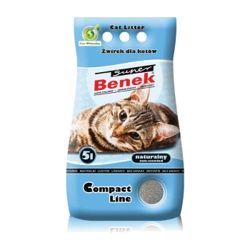 Opakowanie żwirku dla kotów z tabby na froncie, oznaczone "Benek Super Chłonny," 5L, "naturalny bez zapachu," oraz "Linia Kompaktowa."