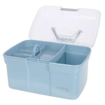 Hellblauer Kunststoff-Pflegekasten für Haustiere mit mehreren Fächern und transparentem Klappdeckel, beschriftet mit "KERBL Pet".