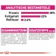 Nährwerttabelle für Haustierfutter, die Protein (30%), Fett (22%) und Ballaststoffe (2,6%) anzeigt, mit Zutaten- und Zusatzstoffdetails auf Deutsch.