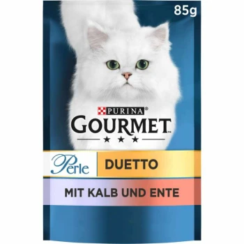 Verpackung für Purina Gourmet Perle Duetto Katzenfutter mit einer weißen Katze, beschriftet "Mit Kalb und Ente", 85g.