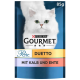 Verpackung für Purina Gourmet Perle Duetto Katzenfutter mit einer weißen Katze, beschriftet "Mit Kalb und Ente", 85g.