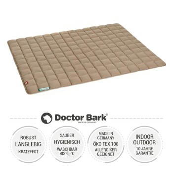 Beige Hundedecke mit grünem Rand, beschriftet mit "sauber | hygienisch | pflegeleicht", waschbar bis 95°C und trocknergeeignet.