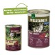 Dose Hundefutter "Wilderness Pure Horse" mit 95% Pferdefleisch, 5% Gemüse und einem Wolf-Bild. Text sagt "Neues Design – verbesserte Formel!"