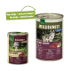 Dose Hundefutter "Wilderness Pure Horse" mit 95% Pferdefleisch, 5% Gemüse und einem Wolf-Bild. Text sagt "Neues Design – verbesserte Formel!"