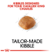 Kibble designed specifically for Cavalier King Charles dogs, featuring a single kibble piece and the text "Tailor-Made Kibble."