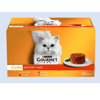 Purina Gourmet Gold Savoury Cake cat food box: white long-haired cat and meat cake on plate; text "Gold SAVOURY CAKE"