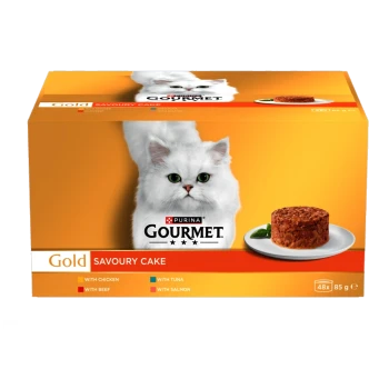 Purina Gourmet Gold Savoury Cake cat food box: white long-haired cat and meat cake on plate; text "Gold SAVOURY CAKE"