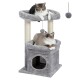 Zwei Katzen, die auf einem grauen Katzenbaum mit einer gemütlichen oberen Plattform und einem Versteck darunter entspannen, mit einem hängenden Spielzeug.