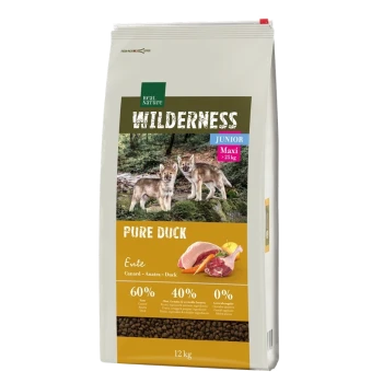 12 kg bag of Real Nature Wilderness dog food "Pure Duck" with wolf puppies on the front; 60% duck, 40% fruits/veggies, 0% grains.