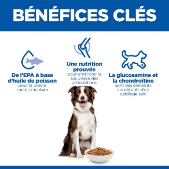Principaux avantages de la nourriture pour chien avec EPA provenant d'huile de poisson, nutrition prouvée pour la flexibilité des articulations, glucosamine et chondroïtine pour un cartilage sain.
