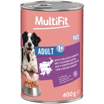 Boîte de pâté MultiFit pour chien adulte, 400 g, étiquette rose avec chien noir et blanc souriant, textes «ADULT 1+» et «PATÉ».