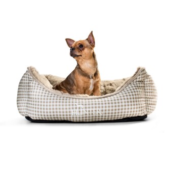 Ein kleiner brauner Hund sitzt in einem gemütlichen, beigen karierten Haustierbett mit einem weichen Innenraum, in dem der Markenname "HUNTER" deutlich angezeigt wird.