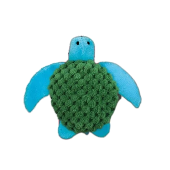 Un jouet en peluche en forme de tortue avec une carapace verte texturée et des nageoires et une tête bleues, conçu pour les animaux de compagnie.