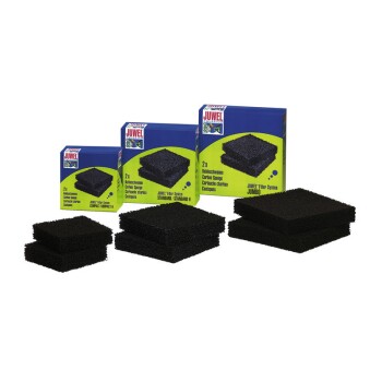 Juwel-Filter-Schwämme in verschiedenen Größen, verpackt in blauen Boxen mit gelben Akzenten, beschriftet mit "Cartridge Sponge" und "JUWEL Filter System."