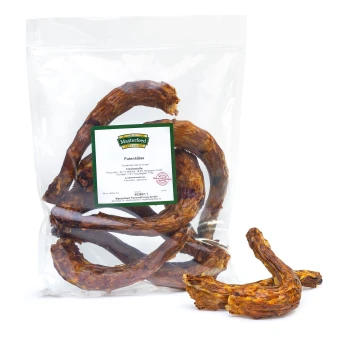 Putenhälse 500 g Getrocknete Putenhälse in einer klaren Plastiktüte mit der Aufschrift "Putenhälse" von Masterfeed, mit einem Hals außerhalb der Tüte.