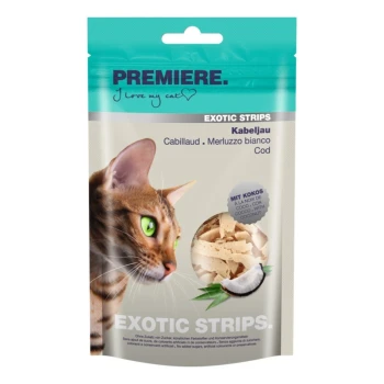 Katzenfutterverpackung mit einer Nahaufnahme des Gesichts einer Katze, mit dem Text 'Premiere. Ich liebe meine Katze' und 'Exotische Streifen Kabeljau' deutlich angezeigt.