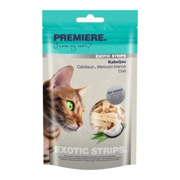 Kattenvoer verpakking met een close-up van een kattengezicht, met de tekst 'Premiere. Ik hou van mijn kat' en 'Exotische Strips Kabeljau' prominent weergegeven.