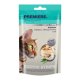 Un emballage de nourriture pour chat présentant un gros plan du visage d'un chat, avec le texte "Première. J'aime mon chat" et "Exotic Strips Kabeljau" affiché en évidence.
