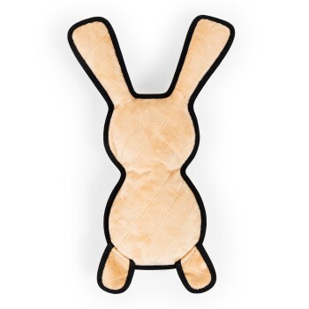 Plüschspielzeug in Form eines Kaninchens in hellbeige mit schwarzem Rand, mit einer gesteppten Textur.