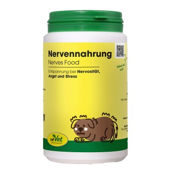 Behälter mit cdVet Nerve Food, beschriftet mit 'Nervennahrung', mit einem grünen Deckel und einem gelben Hintergrund mit einem 100% natürlichen Anspruch.
