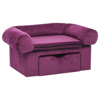 Lila Haustiersofa mit abgerundeten Armlehnen und einer Schublade darunter. Weicher, plüschiger Stoff für Komfort.