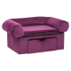 Lila Haustiersofa mit abgerundeten Armlehnen und einer Schublade darunter. Weicher, plüschiger Stoff für Komfort.
