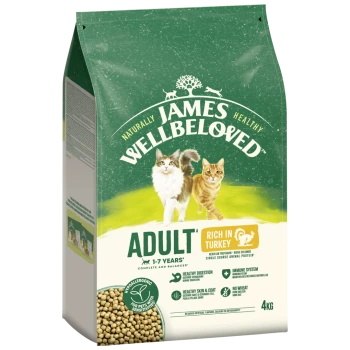 Bag of James Wellbeloved cat food, 4kg, labeled "Adult" for cats aged 1-7 years, rich in turkey, with benefits for digestion and skin.