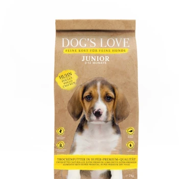 Junior Łosoś i kurczak 2 kg Opakowanie karmy dla psów Dog's Love Junior, z brązową torbą z wizerunkiem szczeniaka, oznaczone "Huhn" (kurczak) i "2-12 Monate" (2-12 miesięcy).