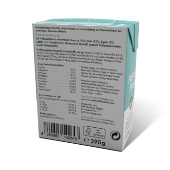 Hundefutterverpackung zur Unterstützung der Nieren mit Wild, Karotten, Quinoa; enthält Nährwertinformationen und Fütterungshinweise.
